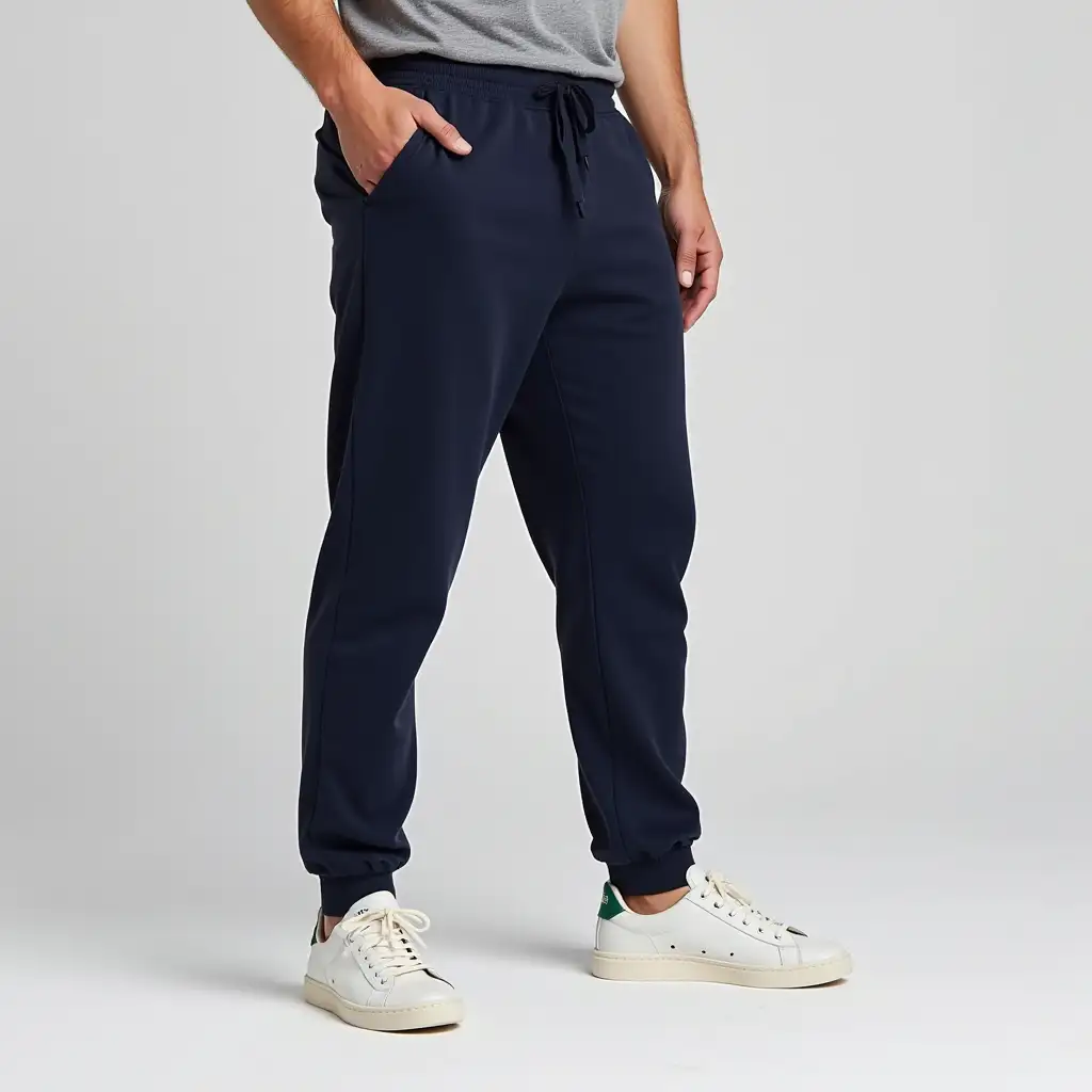 a male model wearing navy sweatpants. show from shoes to waist. Model is wearing t-shirt. Focus on the sweatpants.