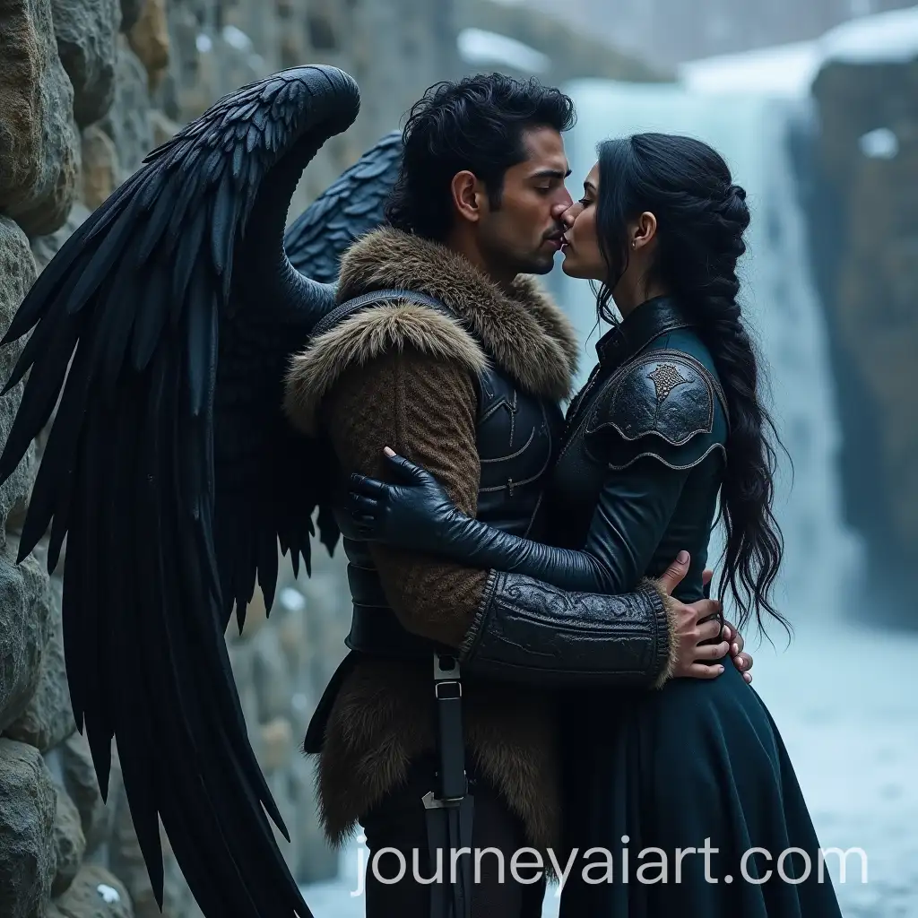 Fantasy-Romance-with-Warriors-in-an-Icy-Landscape-Dawsyn-and-Ryon-Kissing-Under-a-Waterfall