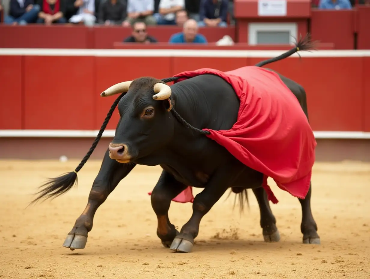 Bull in bullfight arena with red cloth