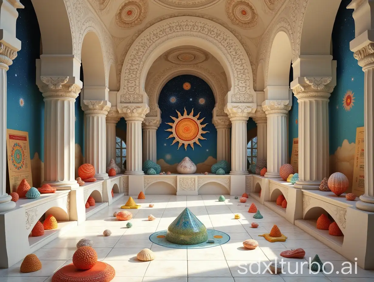 a carved white stone hall with carved pillars altar with sun mandalas, many glassy polyhedra on shelves, colorful spiraling seashells, papers and posters with mandalas et formulas, pictures of fractals, galaxie and starry sky in the background, off white and warm colors, high precision, low saturation