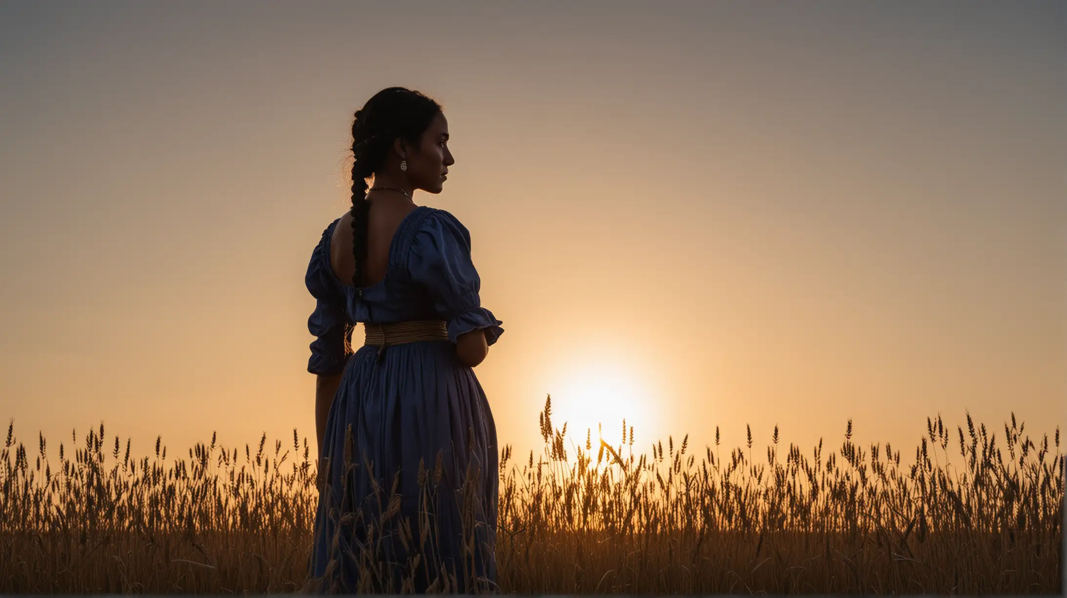 Metis Native Woman in Blue French Dress Standing in Wheat Field at Sunset Western 1880s Style