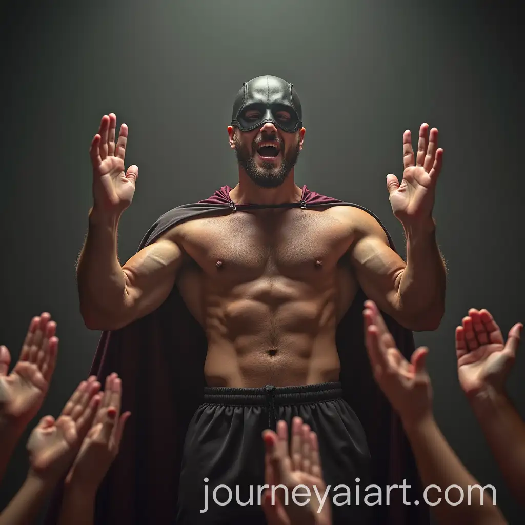 Muscular-Superhero-in-Mask-and-Cape-Cheered-On-by-Supporters