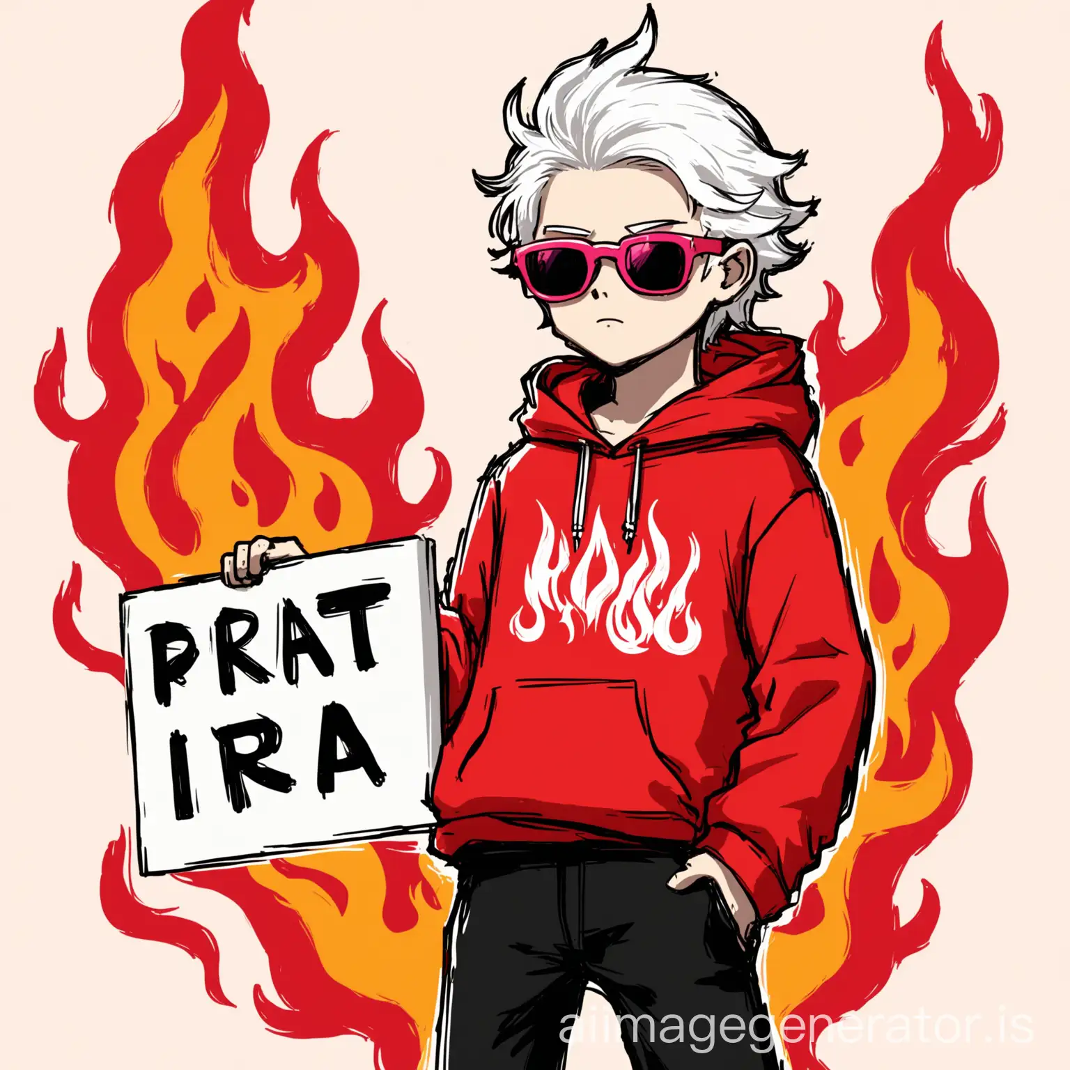 A drawing of a boy wearing a red hoodie with flame on it with white hair and black pants and pink sunglasses and holding a sign