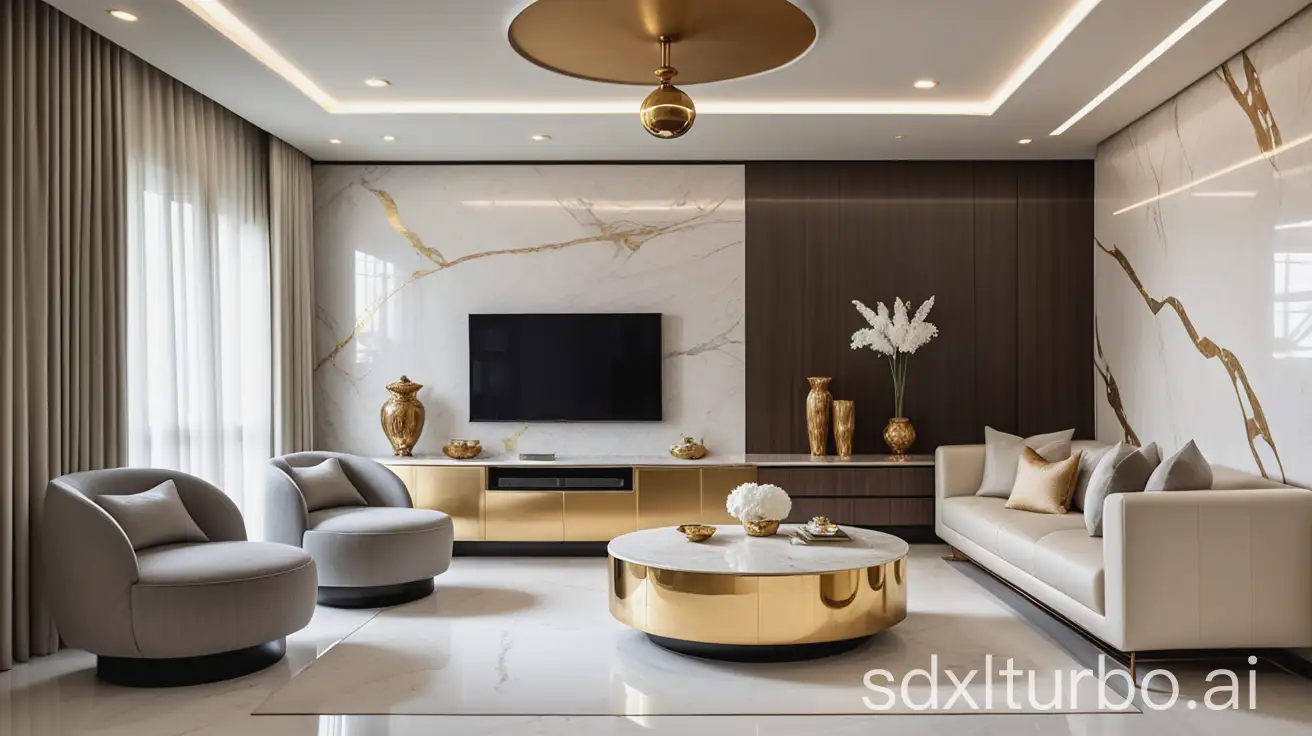 Indian modern contemporary futuristic living room interior, featuring a dual-tone sofa in grey and beige, a circular white marble tea table with gold accents, a sleek TV unit against a white textured wallpaper background, and a warm white glossy TV cabinet with handle-less drawers. The room includes a minimalist white dining table with matching chairs, illuminated by recessed white LED lighting. Architectural detailing includes floating ceiling panels, subtle wood accents, and seamless built-in shelving. Floor is polished Italian marble, decor minimal with curated modern Indian art and neutral-toned planters. Balanced symmetry and open-plan layout with a futuristic yet culturally rooted aesthetic.