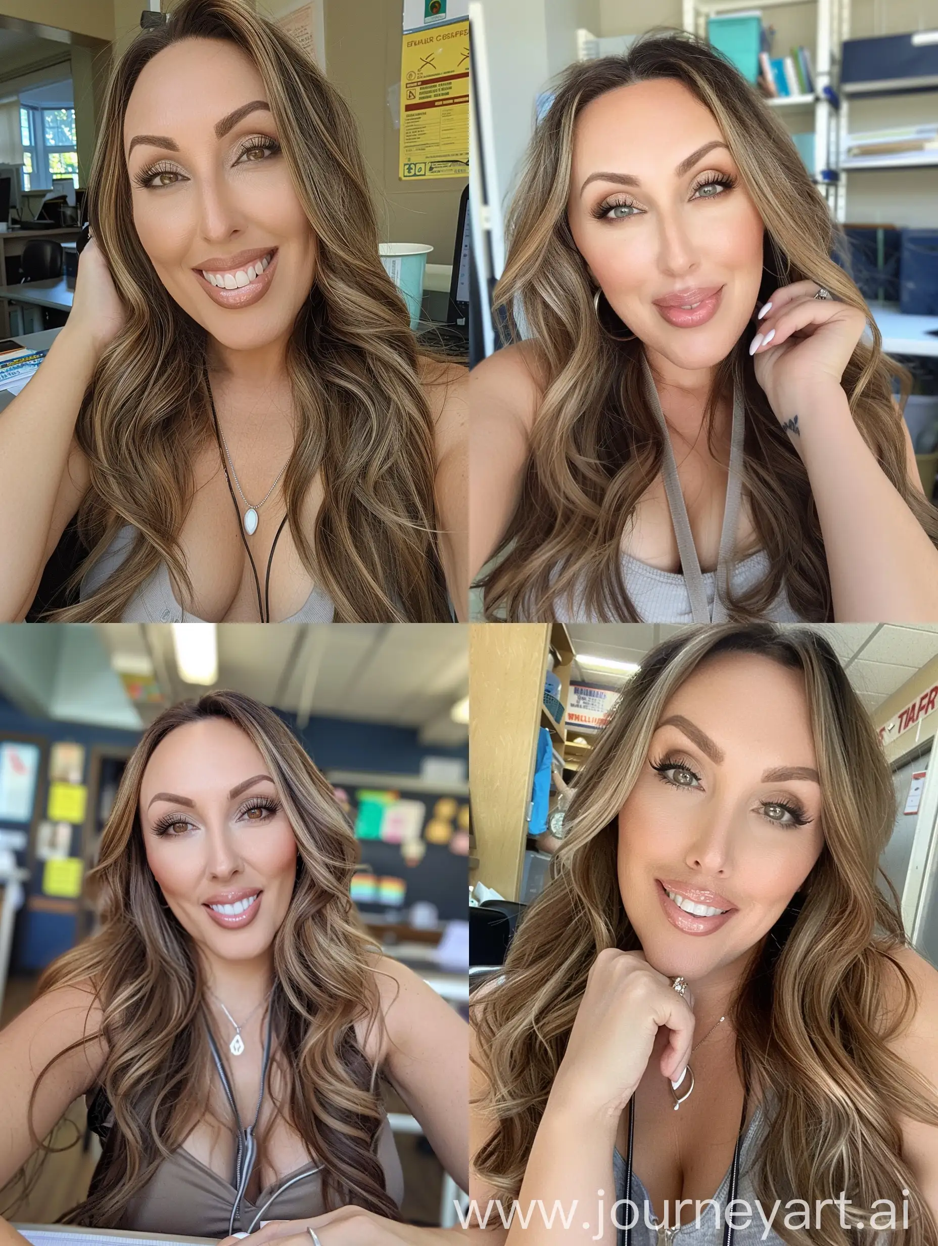 Elementary-School-Teacher-Selfie-at-Desk-with-Curly-Hair-and-Lanyard