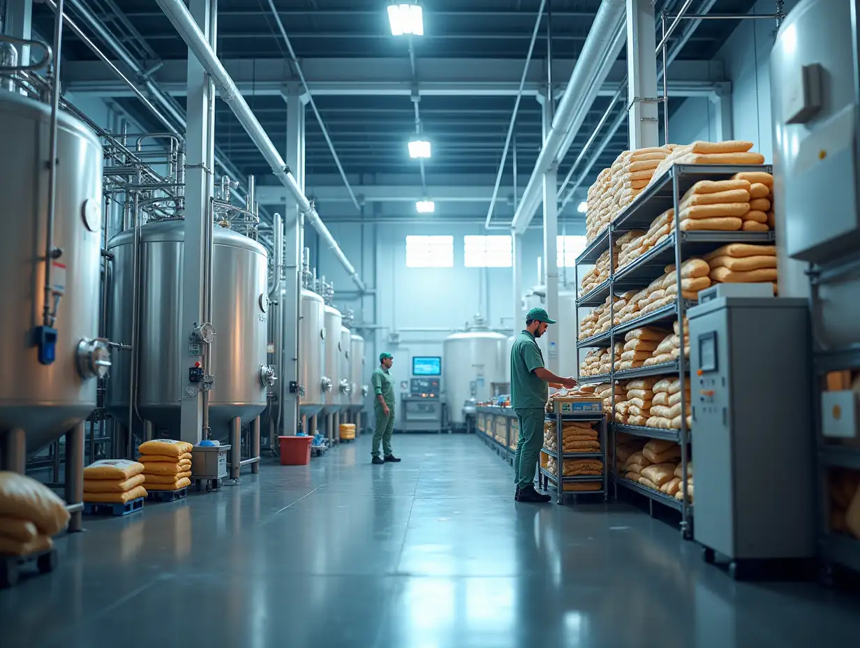 Create an image of a modern yeast factory. Include elements such as large fermenters, temperature and humidity control systems, packaging lines and workers engaged in the production process. The background should be clean and organized, with bright lighting highlighting high technology. Add details such as bags of raw materials, quality control laboratory setups and finished products ready to ship. The image should convey an atmosphere of innovation and efficient production in the food industry.