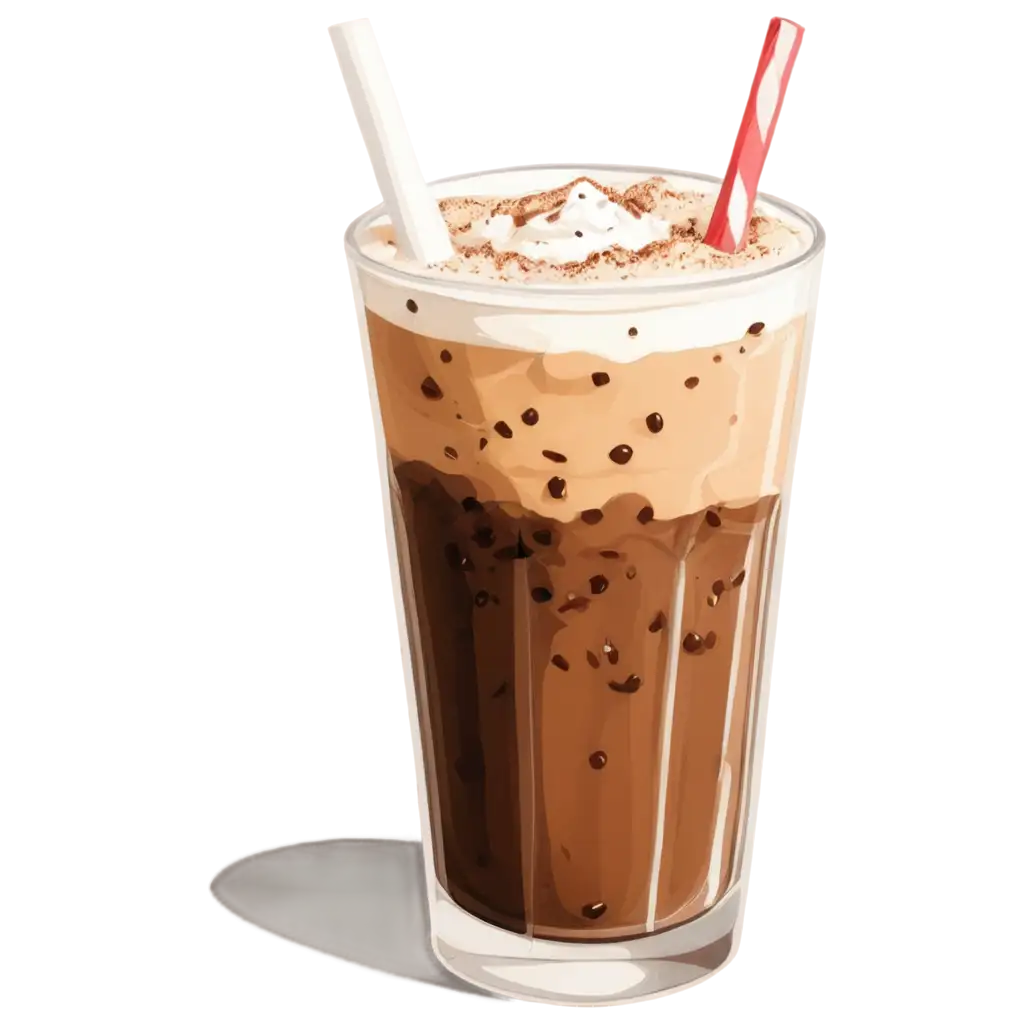 Create a dark brown drink in a clear glass with white foam on top and a beige strawiced iced coffee illustration in a hand-drawn, textured style. The iced coffee should have a warm, earthy color palette.