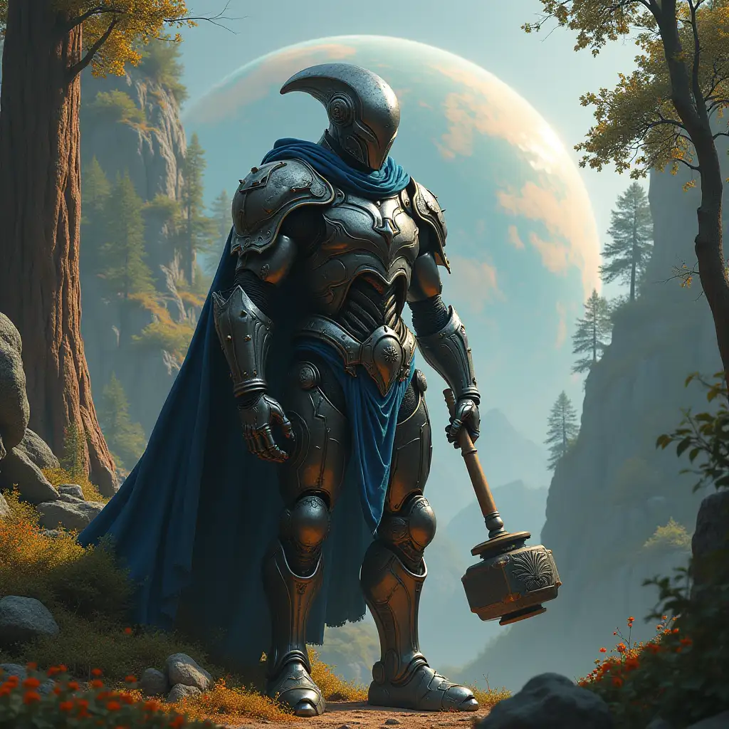 Hyperrealistic portrait of a 10 meter tall armored metal alien king with a hammer in his hand against the background of a meticulously detailed, colorful forested planet