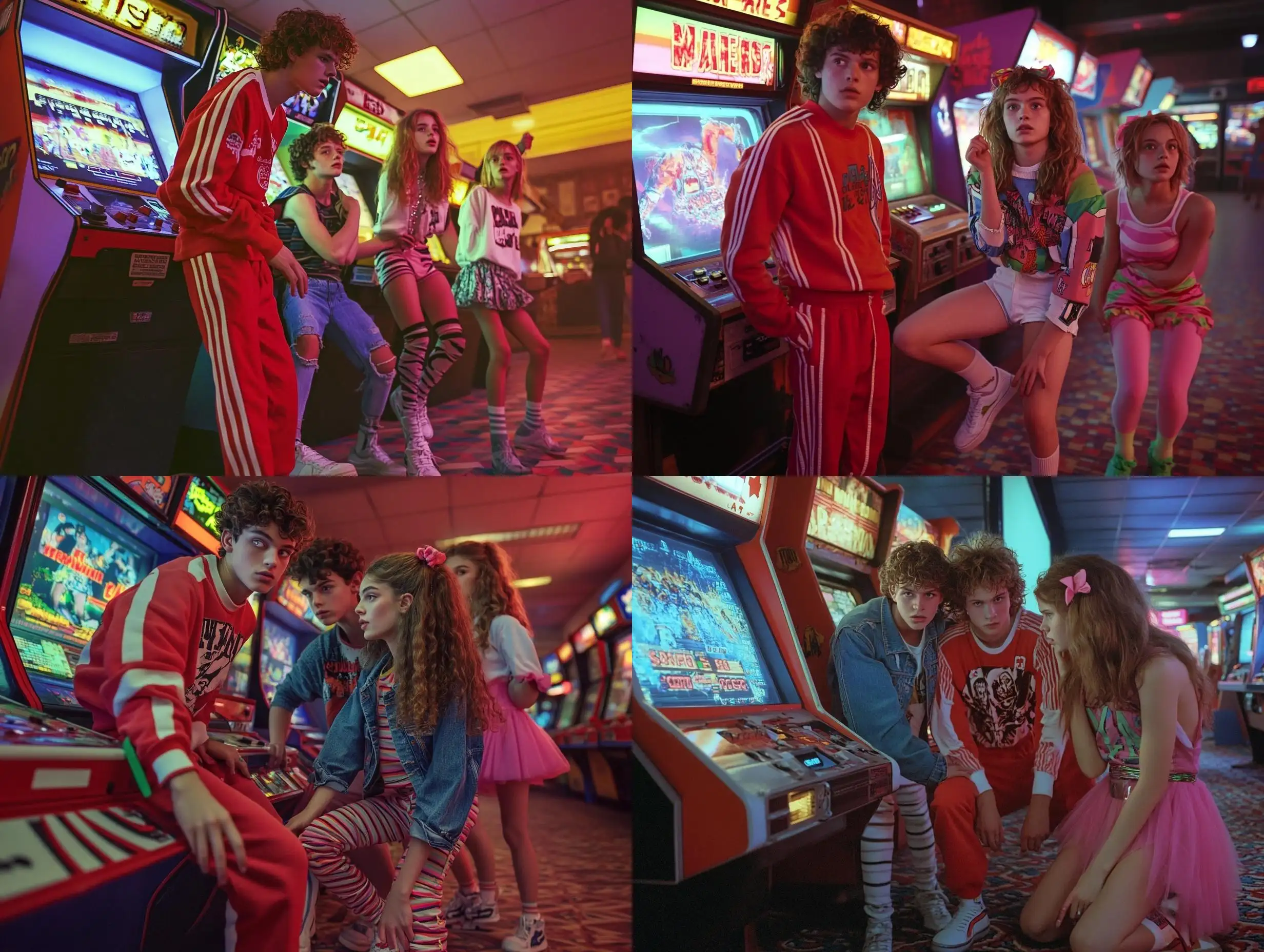 Teenagers-Playing-Retro-Arcade-Game-in-1980s-Neonlit-Arcade