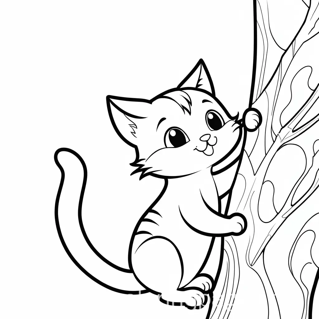 Cartoon-Cat-Climbing-Tree-Coloring-Page