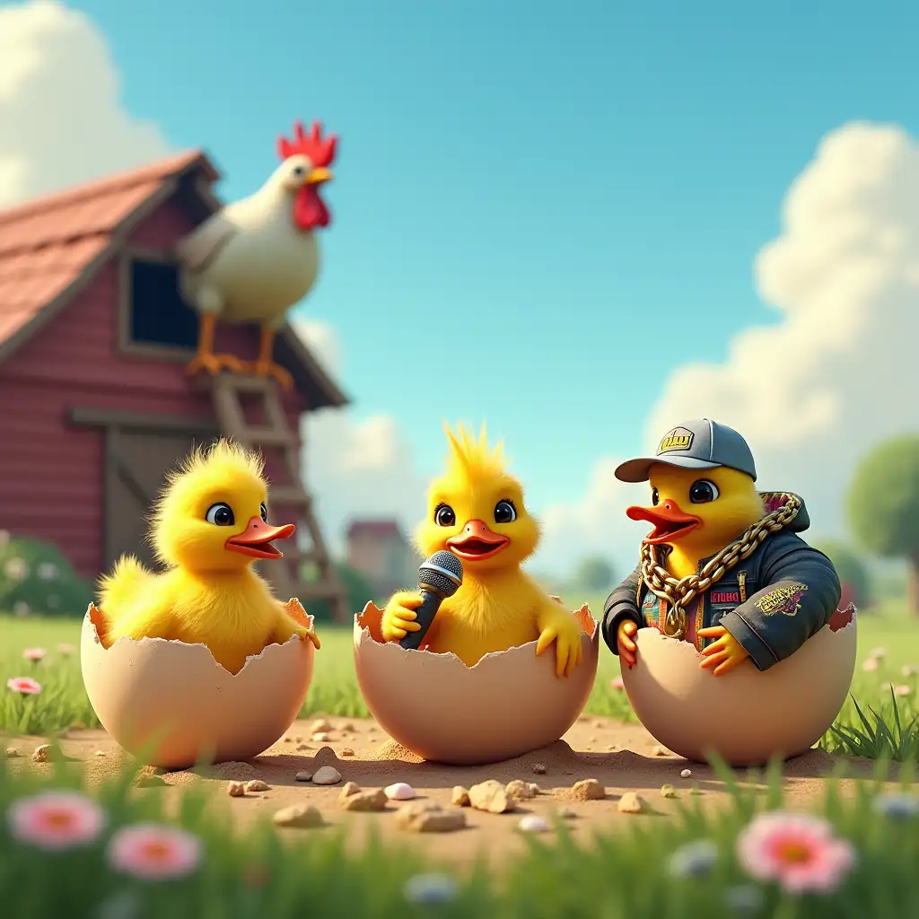 Gangster-Rap-HipHop-Ducklings-Hatching-on-a-Farm-with-Rooster-Guarding-the-Territory