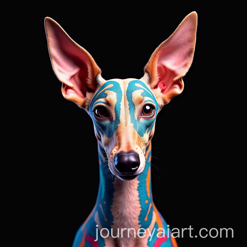 Podenco-Ibizan-Hound-withAI-Image-Prompt-Expansion-Colorful-Patterns-and-Symbolic-Background-in-Surrealistic-Style