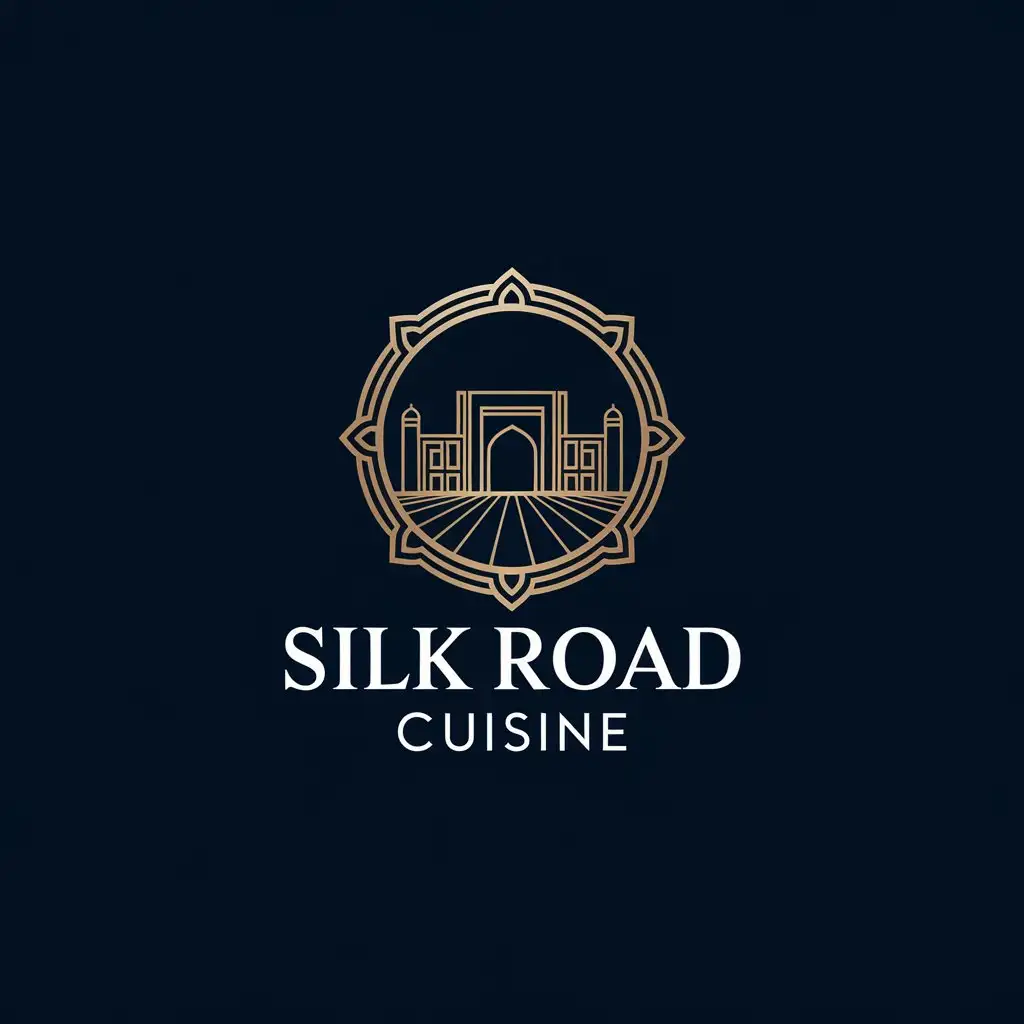 LOGO Design for Silk Road Cuisine Elegant Gold Lines and Minimalist Samarkand Registan Square Illustration on Deep Navy Background