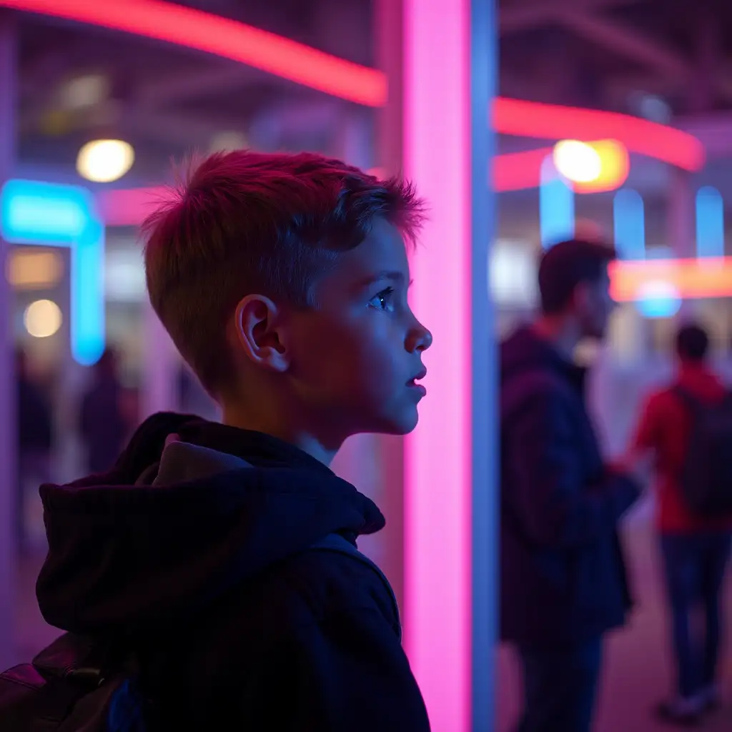 Son looking for his dad in the neon lights