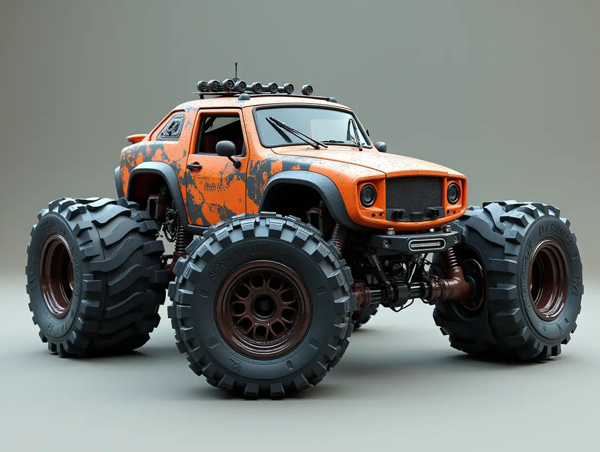 Create a crazy vehicle with twisted body and large Cyberpunk wheels.