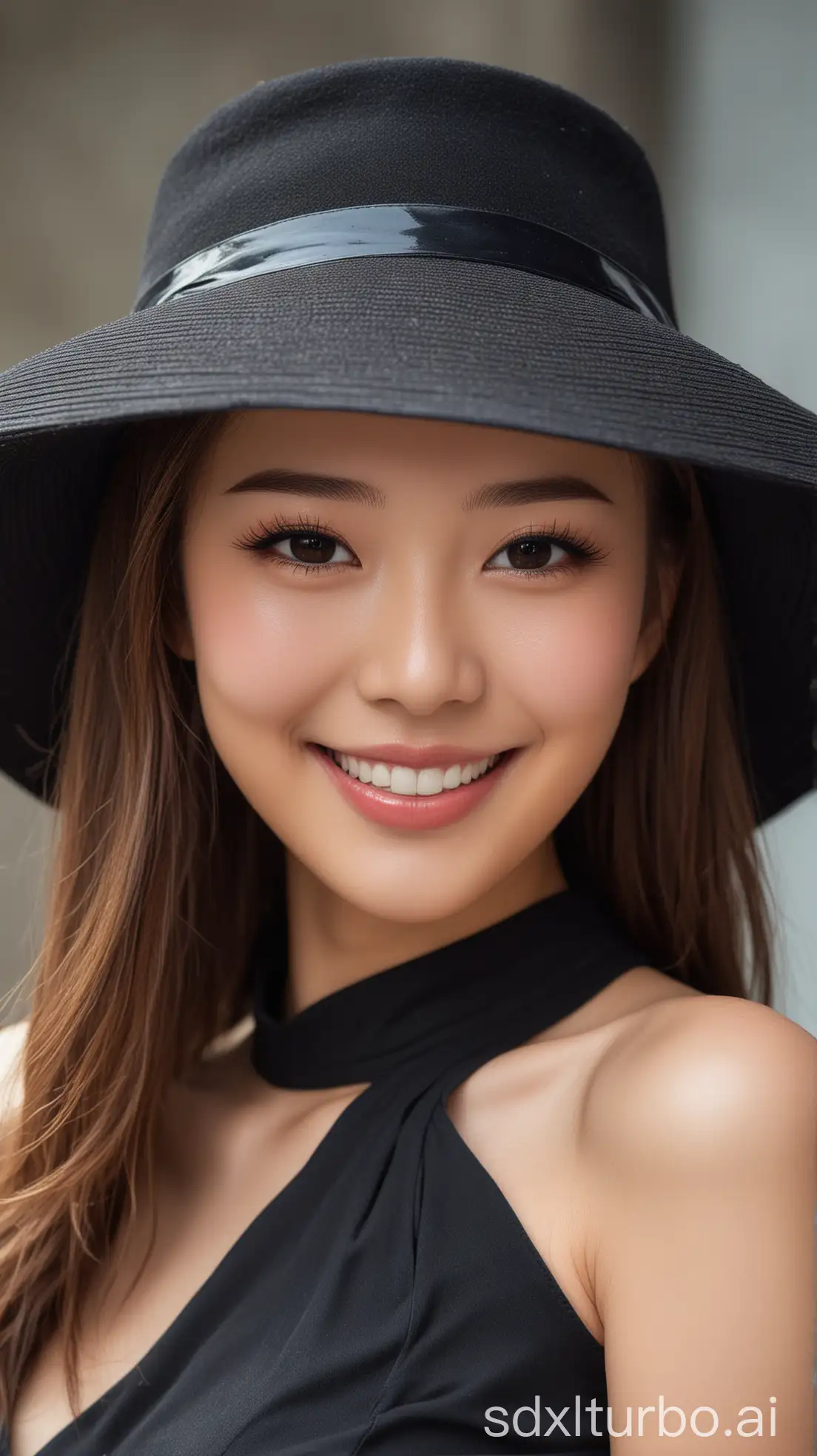 Chinese beauty, smiling, brown hair, fully made up, tight black dress, wearing a hat