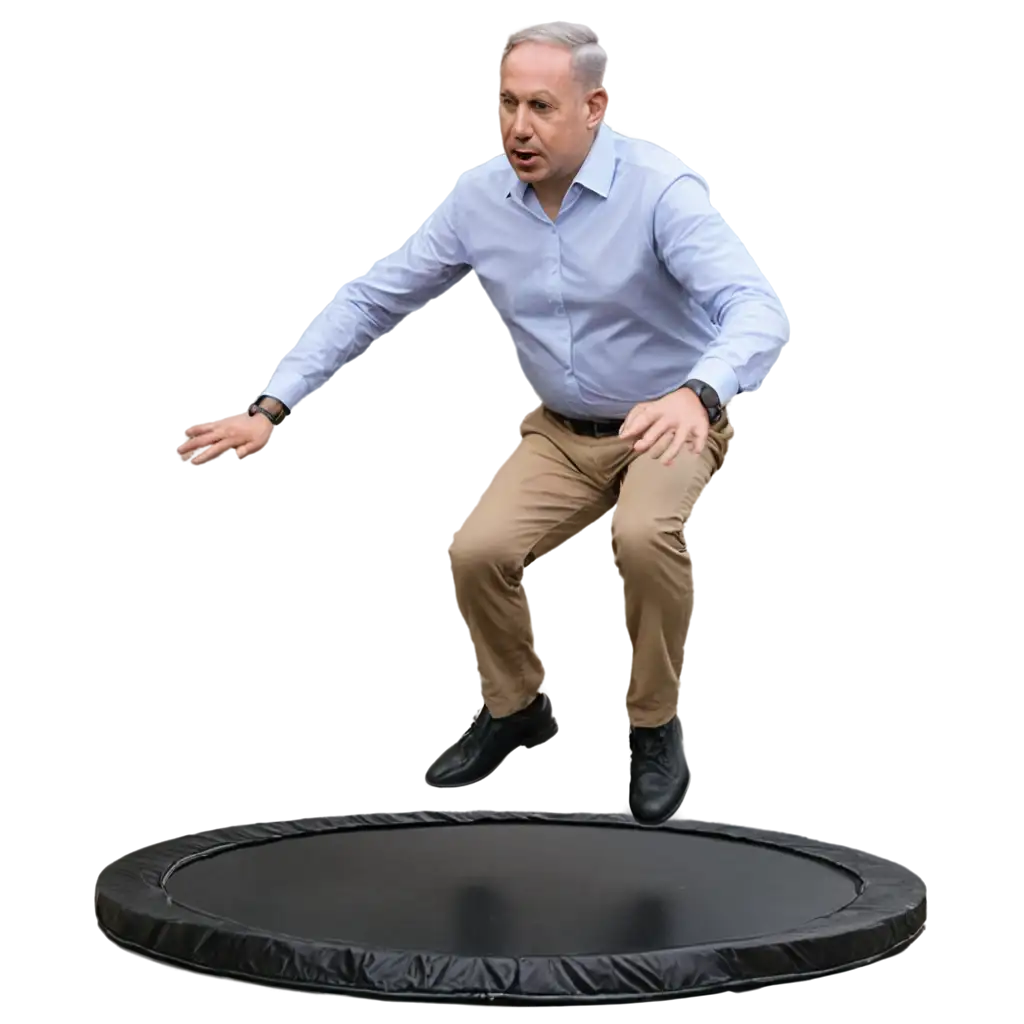 Netanyahu jumping on a trampoline