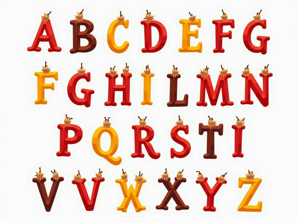 English alphabet letters A to Z , each and every letter of should be separated, not overlapped on each other, it should be in very unique and different and attractive colour, all letters should be same pattern, design and texture and colour