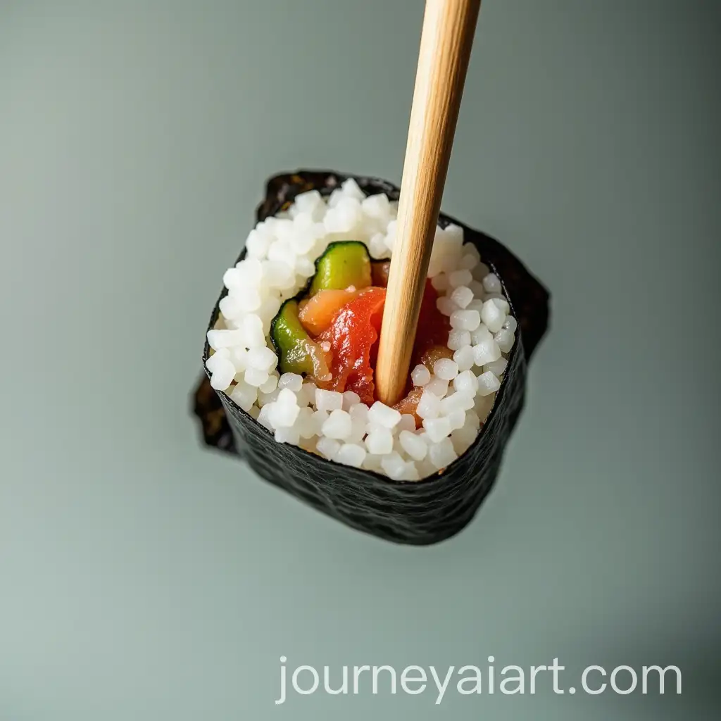 Sushi-Roll-with-Black-Rice-Paper-Held-by-Wooden-Chopsticks-in-Mid-Air