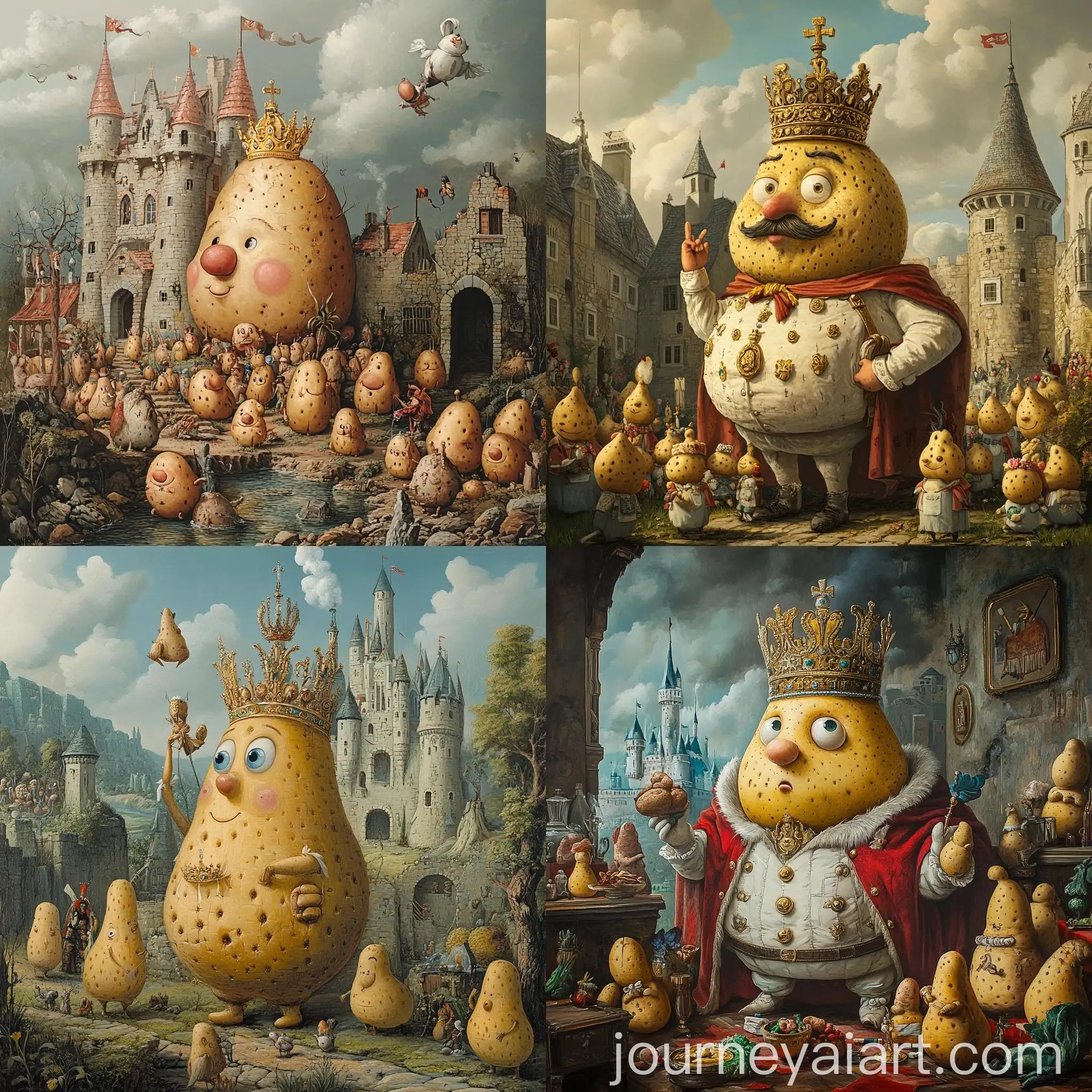 Royal-Potato-King-Surrounded-by-Cartoon-Potato-Subjects-in-a-Castle