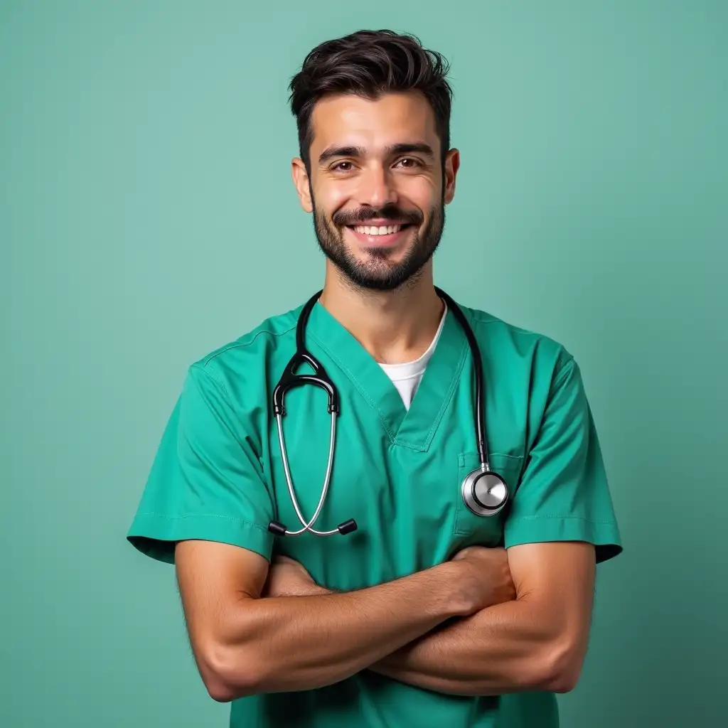 Nursing man with costum green , arms over each other , with stethoscope