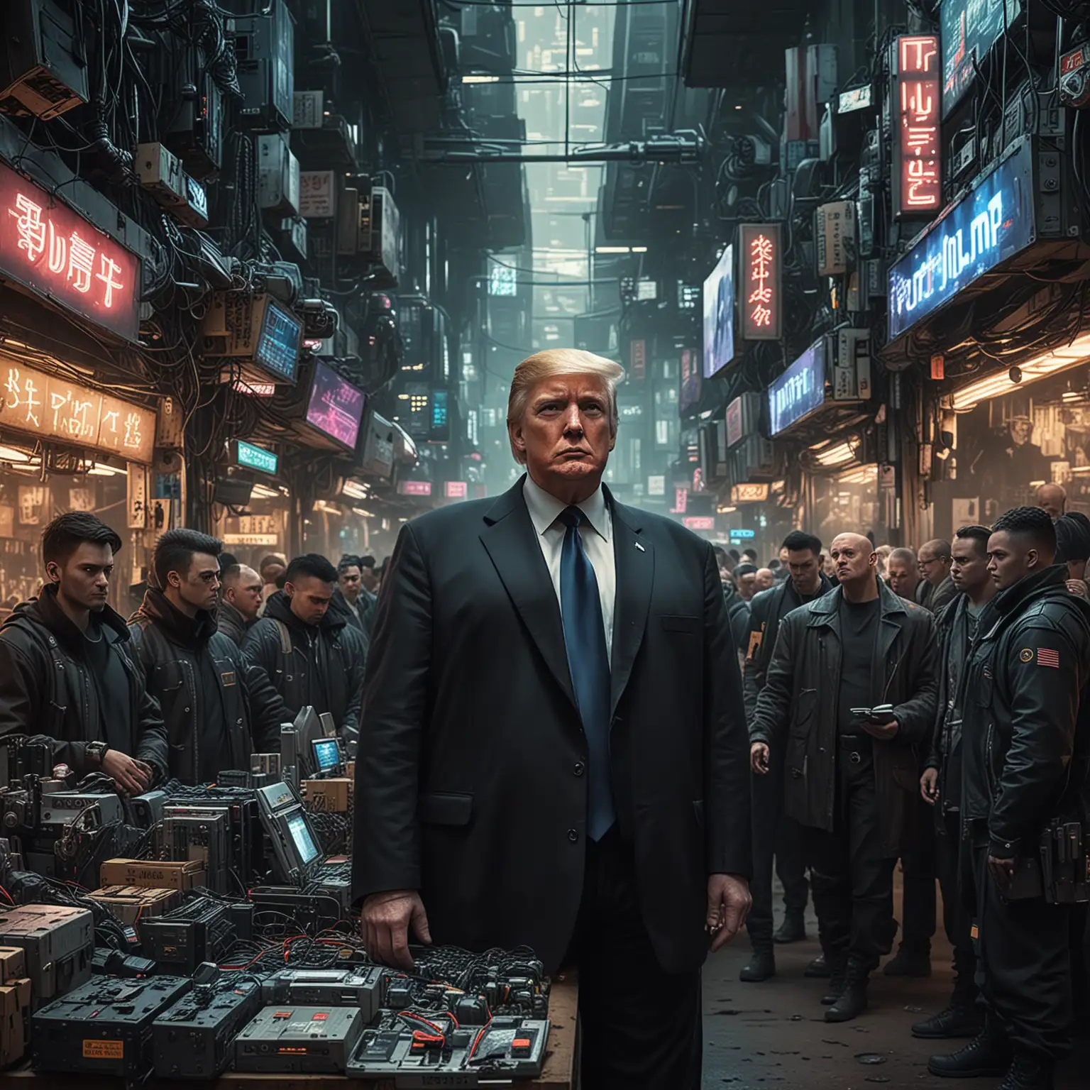 Trump in cyberpunk style stands in a bustling marketplace surrounded by people selling cybernetic devices and gadgets in cyberpunk style.