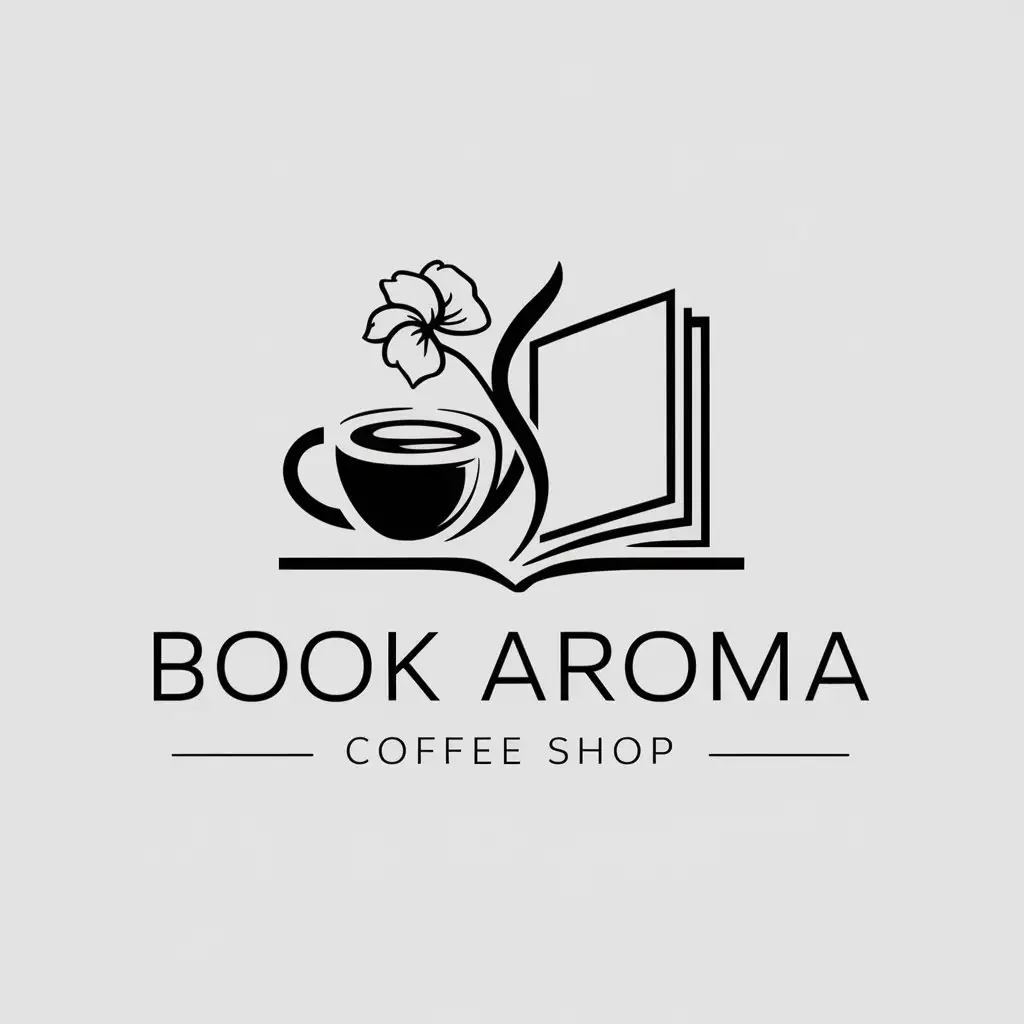 LOGO-Design-for-Book-Aroma-Coffee-Shop-Coffee-Book-and-Flower-Motifs-on-a-Clear-Background