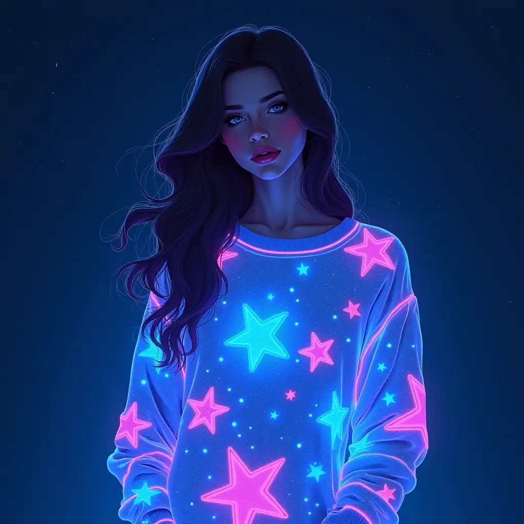 digital painting of a beautiful woman with elegant long hair wearing stunning neon blue sweatshirt made of stars and water in a space, universe, vibrant, magical, stunning, illustration, glowing, neon, bioluminescence, vibranium, portrait, fantasy, glimmer