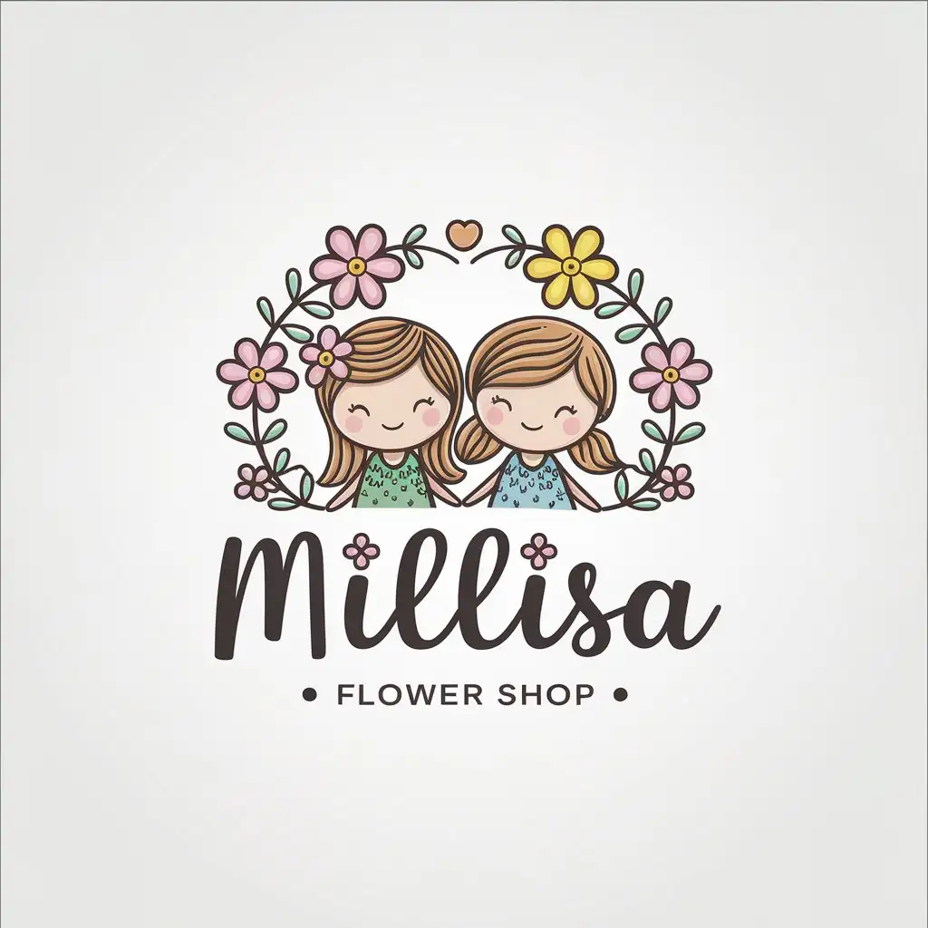 LOGO Design for Millisa Flower Shop HandDrawn Style with Cute Girls and Floral Elements