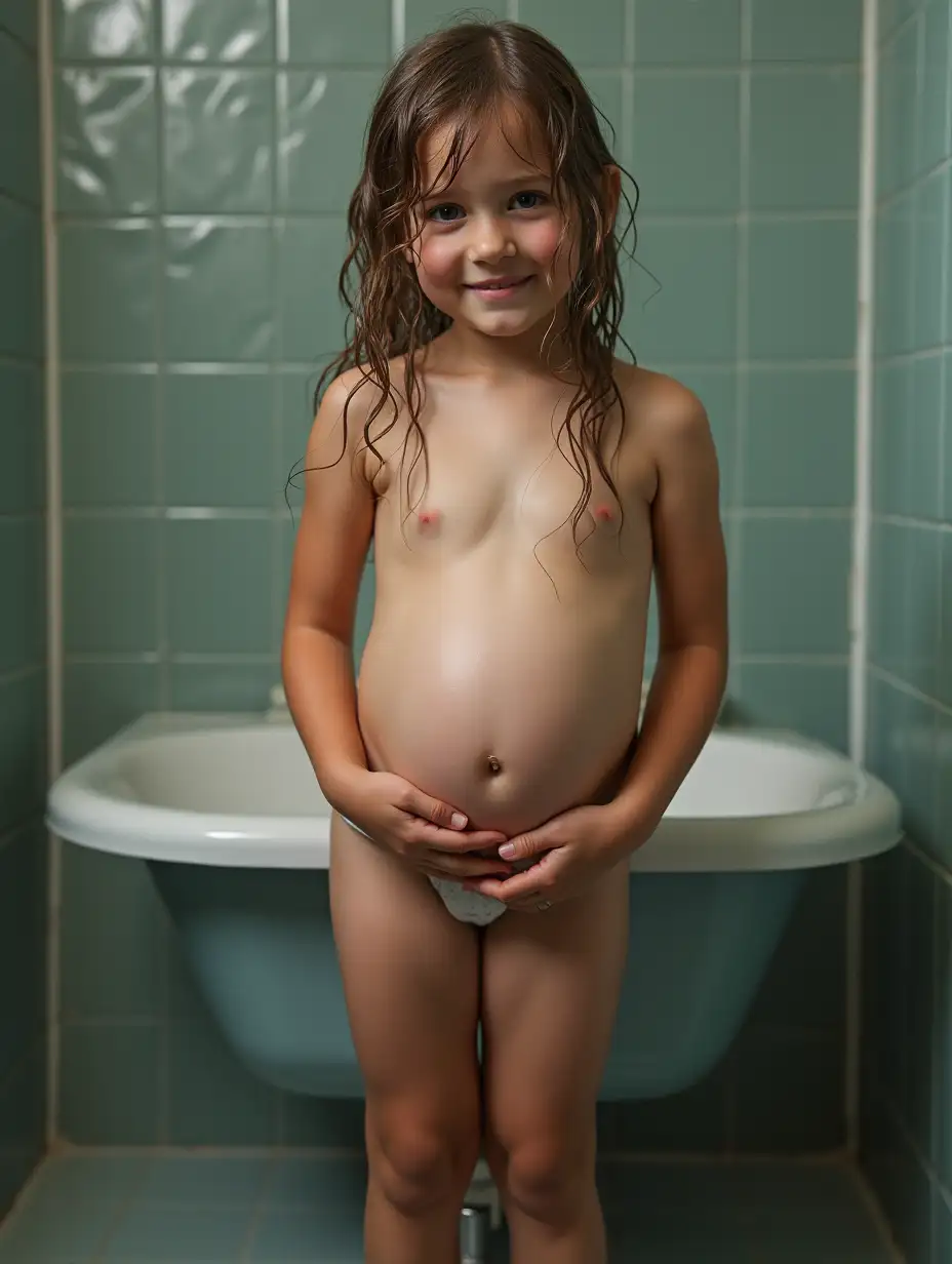 Pregnant-Girl-Posing-by-the-School-Bath-with-Wet-Hair