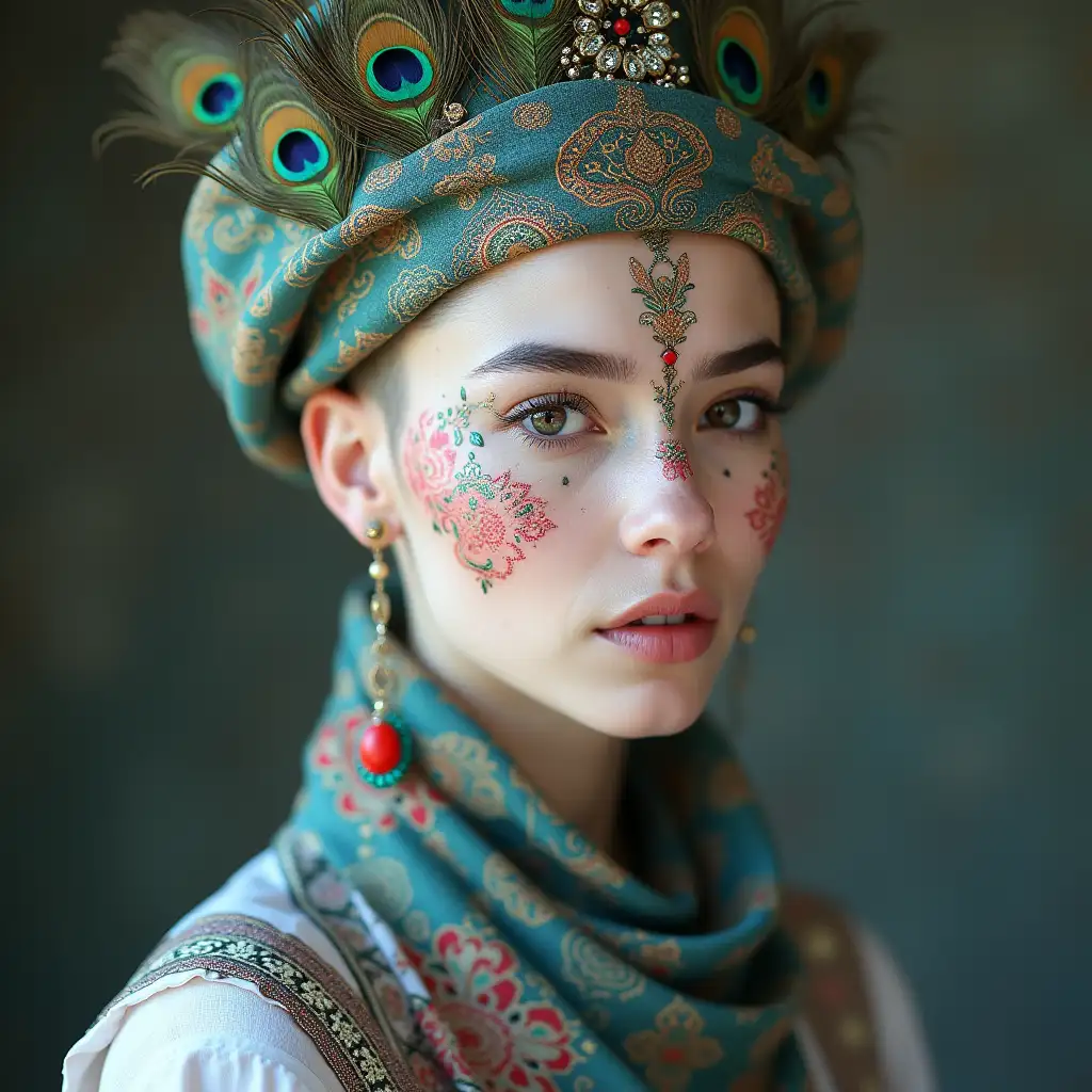 medium shot of  a woman with shaved head and body, smooth and clear white skin, pale white  skin, pale  skin, pale milky white  skin, white Chinese skin, white  skin, delicate lady with shaved skin, pale woman, clear white skin, with pale white skin, Chinese skin and soft beauty, traditional Iranian patterns drawn on her face and body in bright and shiny colors, a hat with peacock feathers and a scarf with peacock feathers. Traditional Iranian pattern