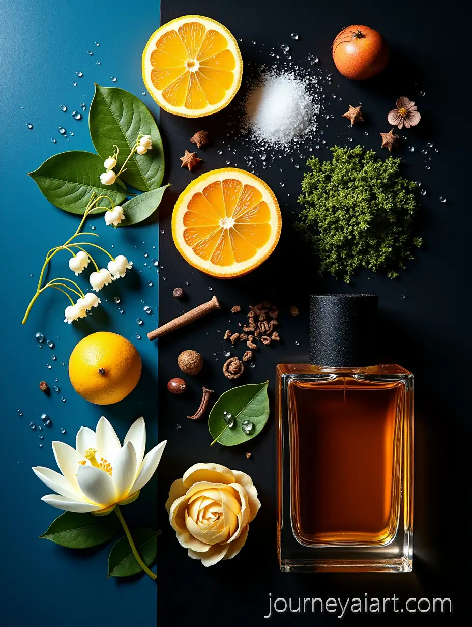 Luxury-Perfume-Ingredients-FlatPerfume-Ingredients-FlatlayLay-with-Water-Droplets-on-Blue-and-Black-Background