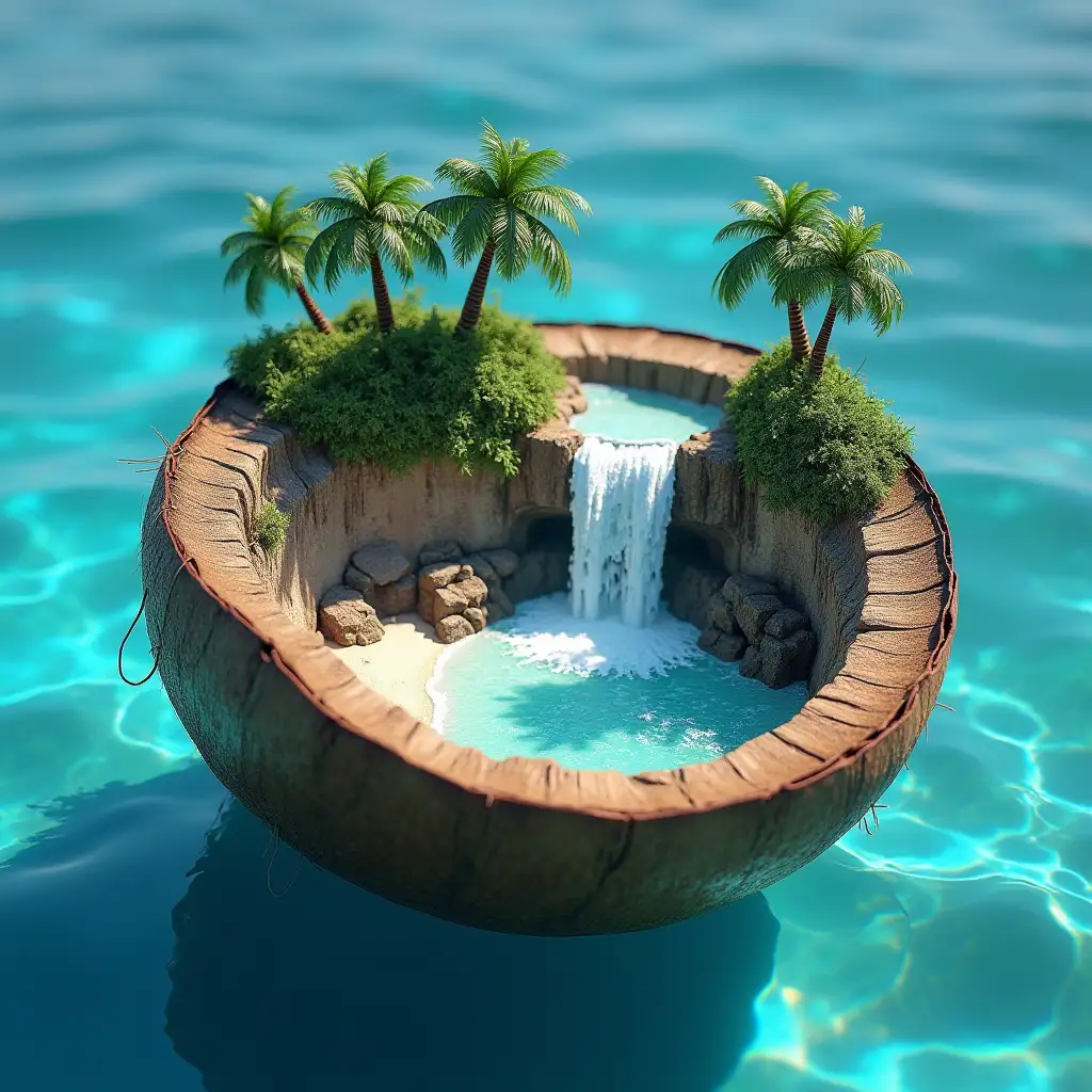 Miniature-Enchanted-Waterfall-Inside-Coconut-Shell-on-Tropical-Island