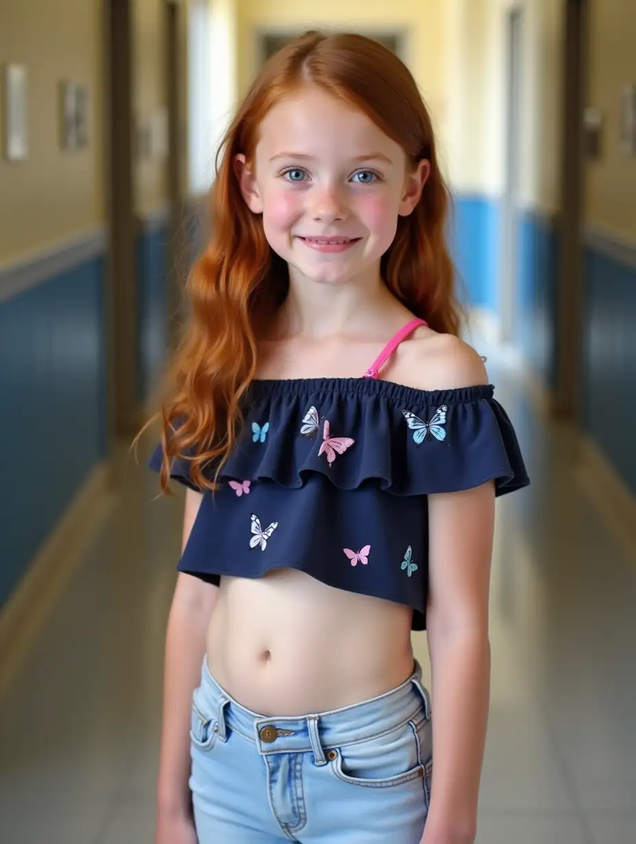 A very slender young girl, blue eyes, long wavy reddish brown hair, pale shiny skin. Wearing a dark blue ruffled off of shoulders top, patterned with light pink and blue butterflies. The top has a pink strap over just one shoulder and is cropped very short, exposing her flat tummy and narrow hips. She has pale blue skinny jeans. Standing in the hallway of a school with a shy smile.