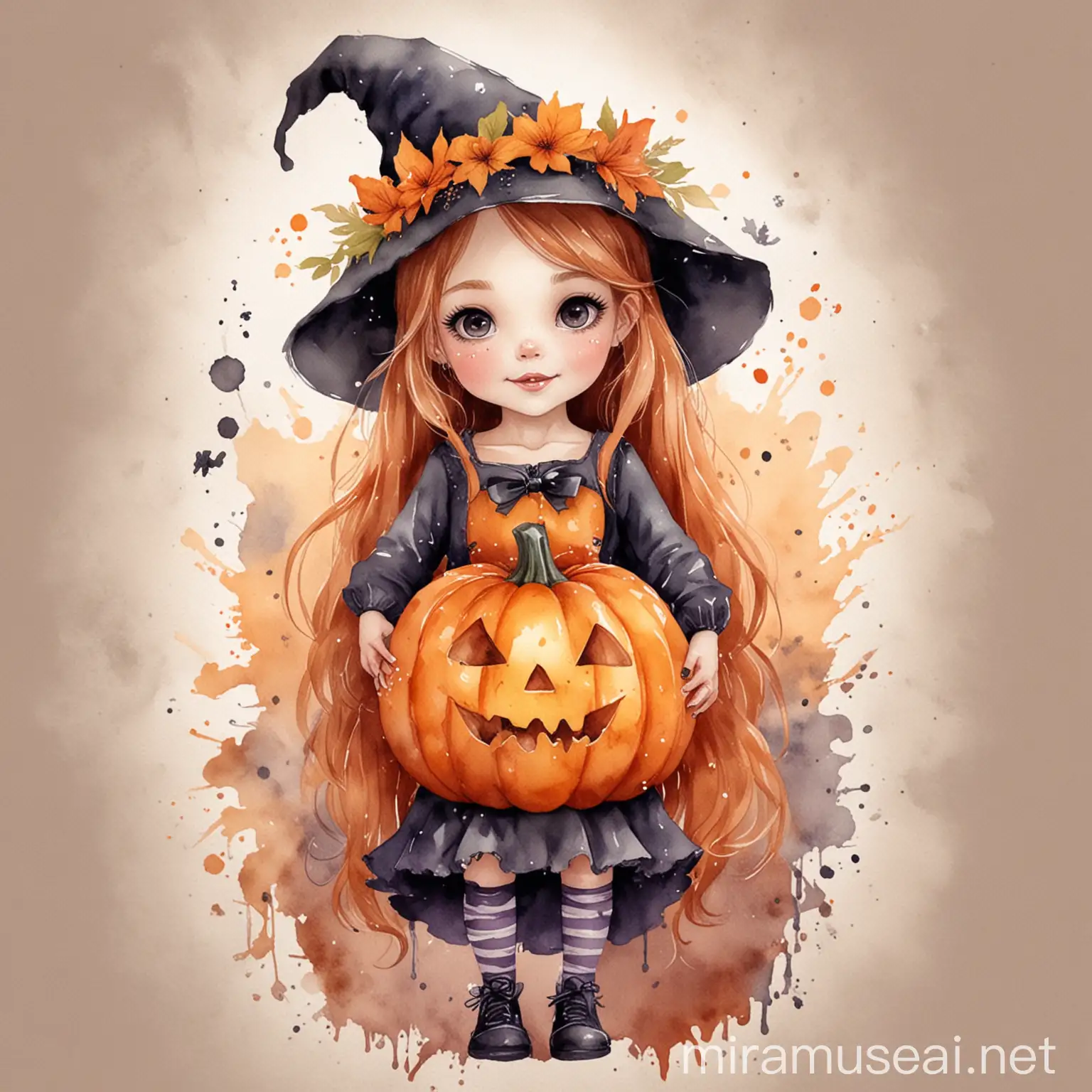 Watercolor Cute Girl Halloween with Pumpkin