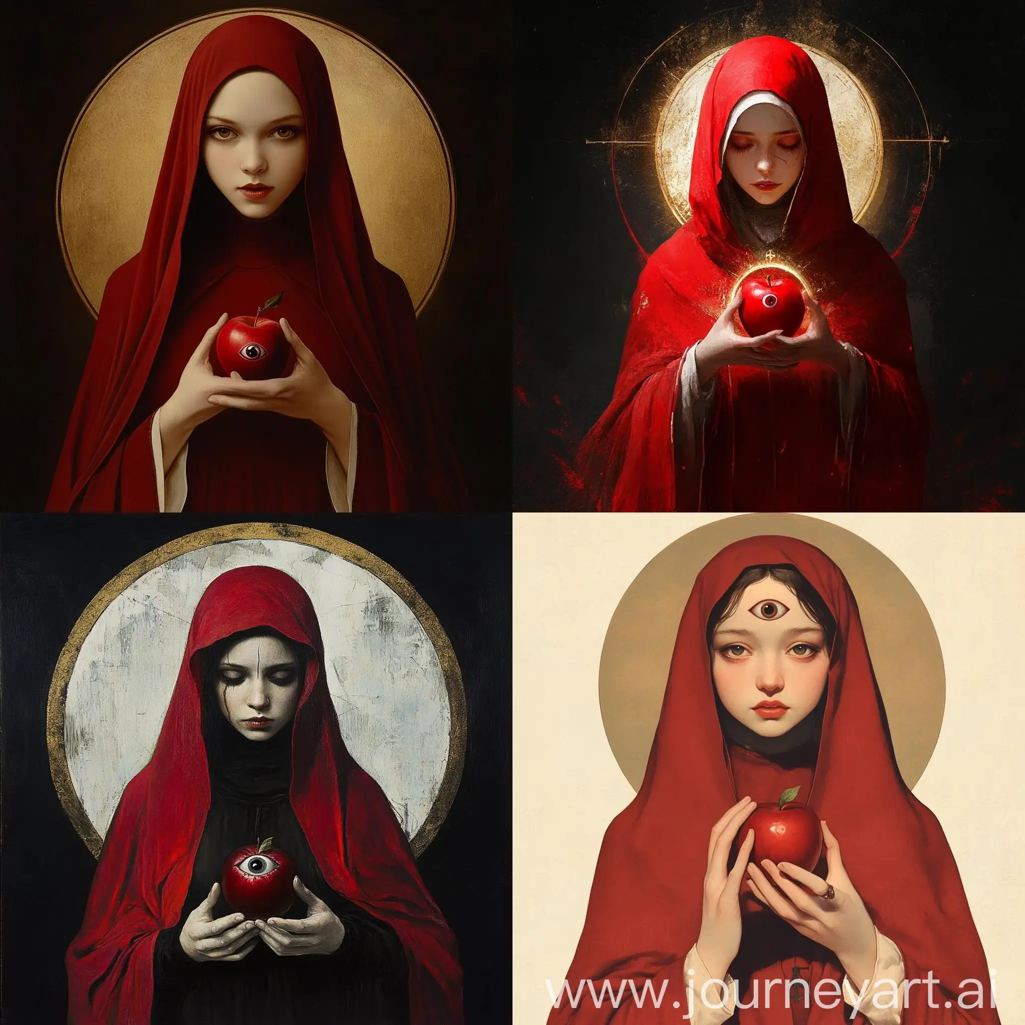 Mysterious-Girl-in-Red-Cloak-Holding-Apple-and-Eye