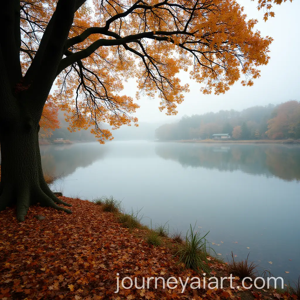 Autumn-Tree-with-Fallen-Leaves-by-a-Foggy-Lake-Reflection