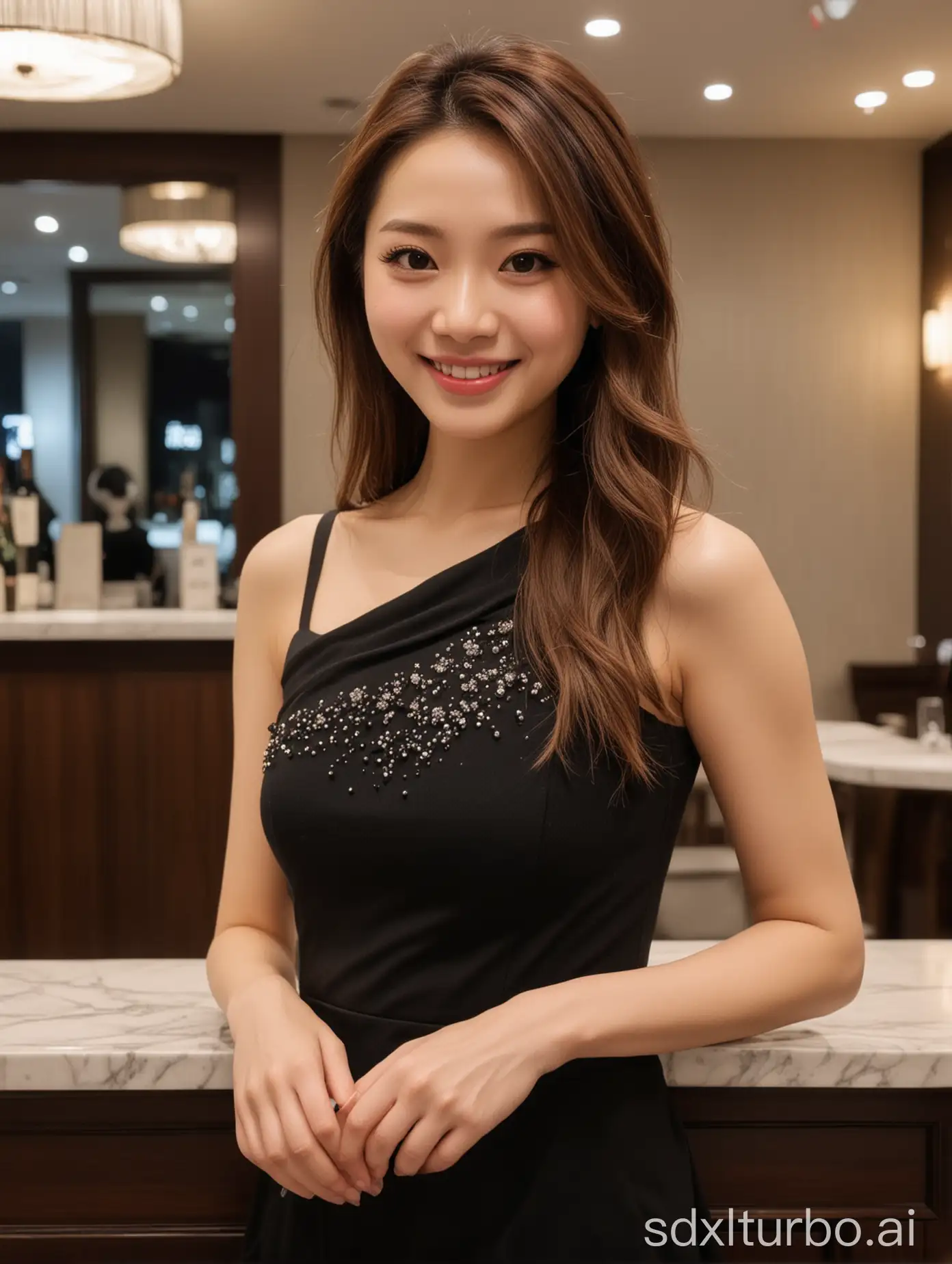 Chinese-Female-Celebrity-in-Black-Party-Dress-at-Hotel-Counter-on-Winter-Night