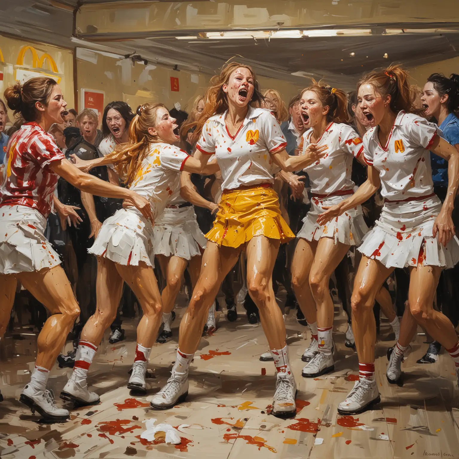 Cheerleaders-Brawl-Inside-McDonalds-in-Oil-Painting-by-Georg-Baselitz