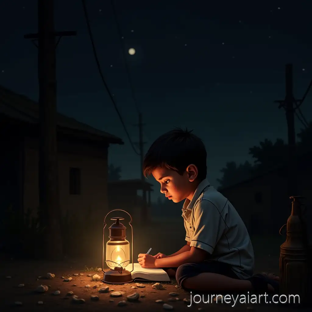Young-Boy-Studying-Under-Lantern-Light-in-Rural-Village-at-Night