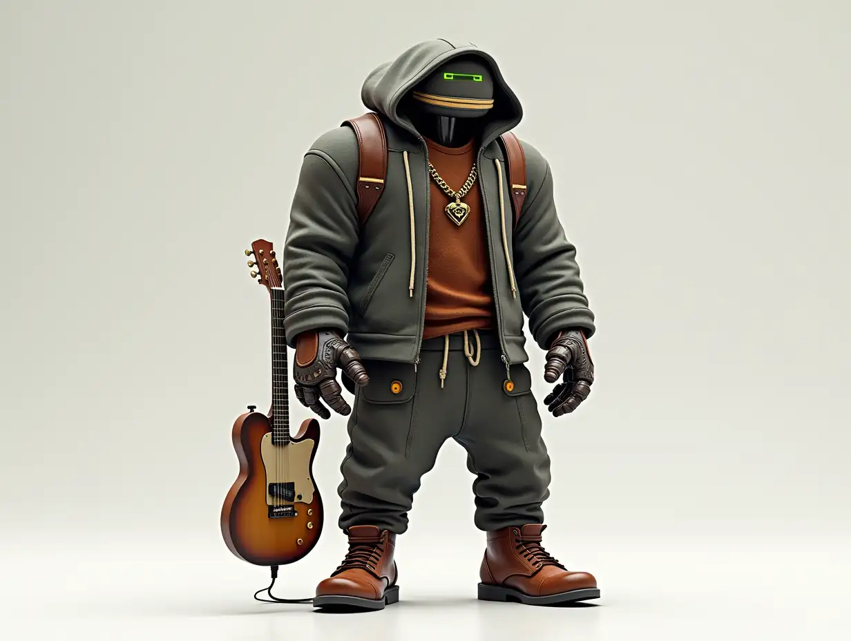 Create a high-resolution, realistic image of a robot with a sturdy body, brown leather shoes and a fashionable tracksuit, holding a guitar and wearing a hood in 4K resolution