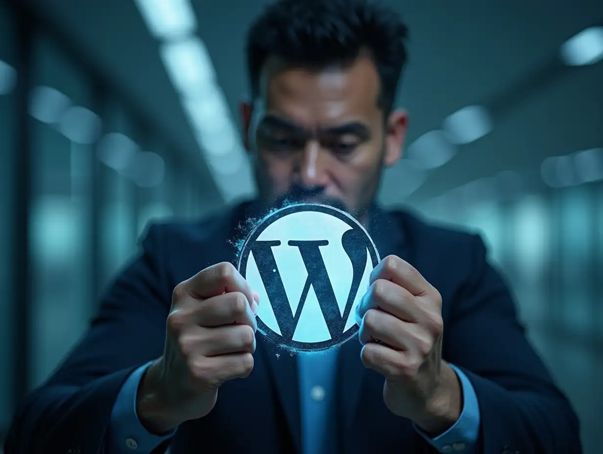 Create a detailed, hyper-realistic image of a man compressing the WordPress logo with both hands, as if applying force to protect or secure it. The man should be in a modern, professional setting with a focused expression, emphasizing the idea of strength and protection. The WordPress logo should appear slightly distorted under the pressure, but still recognizable. Use cool tones like blue and gray to match the WordPress color scheme, and add subtle light effects to enhance the sense of intensity and action.