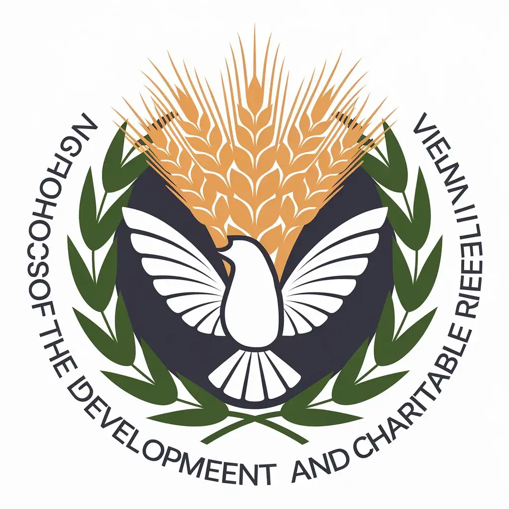 a vector logo design,with the text "Association of the village for development and charitable relief", main symbol:wheat spikes and white dove,complex,be used in Nonprofit industry,clear background