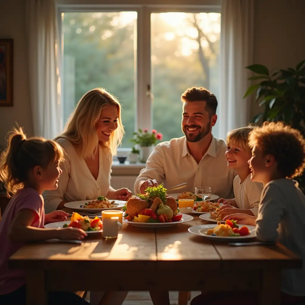 A hyperrealistic image of a white-raced woman aged 35-44 with soft blonde hair, sitting at a warmly lit wooden dinner table with her husband and two young children, all smiling and laughing as they share a hearty meal. The dinner consists of colorful vegetables, cruciferous vegetables and a roasted chicken centerpiece. The room has a cozy suburban home vibe with soft, natural lighting pouring in from the large window behind them, giving the scene a serene evening glow. The overall mood reflects love, connection, and the joy of togetherness. Photography style, using a Canon EOS R5 with a 50mm lens, f/2.8 for soft focus on the subjects, background blur for depth. Negative prompt: blurry faces, dull colors, cold lighting, unnatural skin tones, cartoonish appearance, extra limbs, distorted anatomy, cluttered environment.