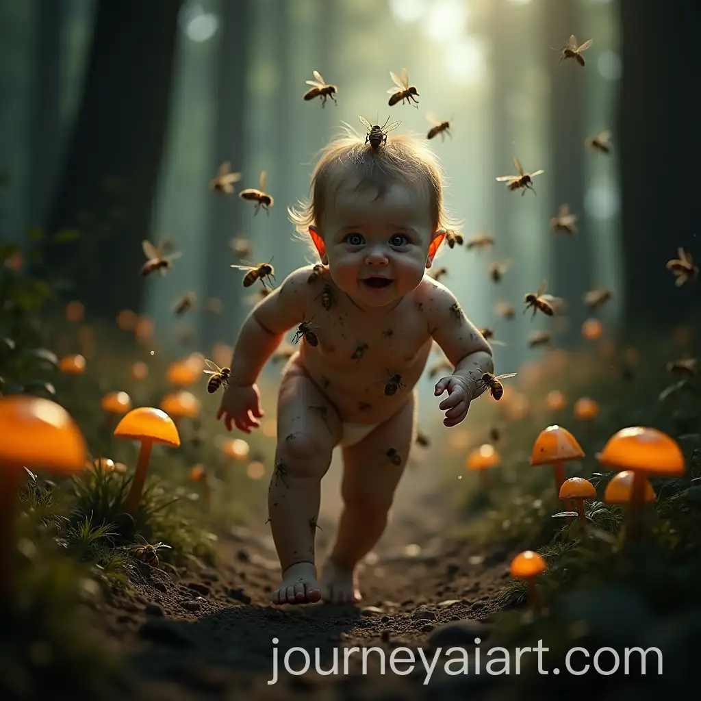 Terrified-Baby-Running-from-Swarms-of-Bees-in-a-Dark-Forest
