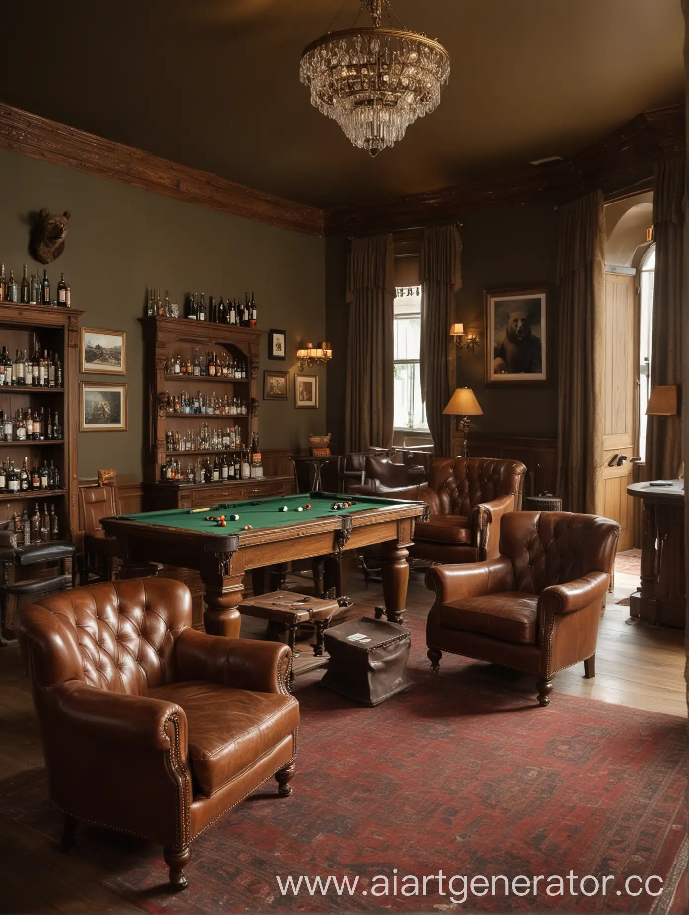 Sophisticated-Cocktail-Bar-with-Leather-Armchairs-and-Billiard-Table