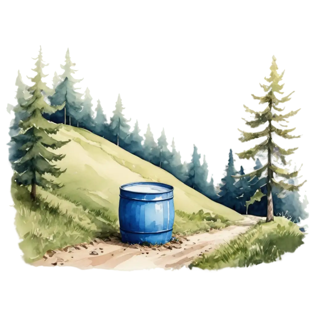 Watercolour-PNG-of-a-Hill-in-a-Dense-Forest-with-a-Small-Blue-Plastic-Barrel-Rolling-Down