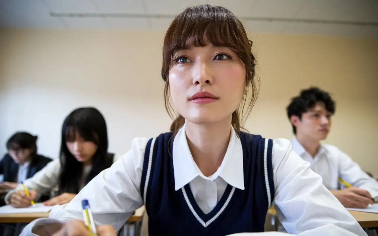 Confident-20YearOld-Shinjuku-Girl-Focused-on-Exam-Paper-in-a-Low-Angle-Shot