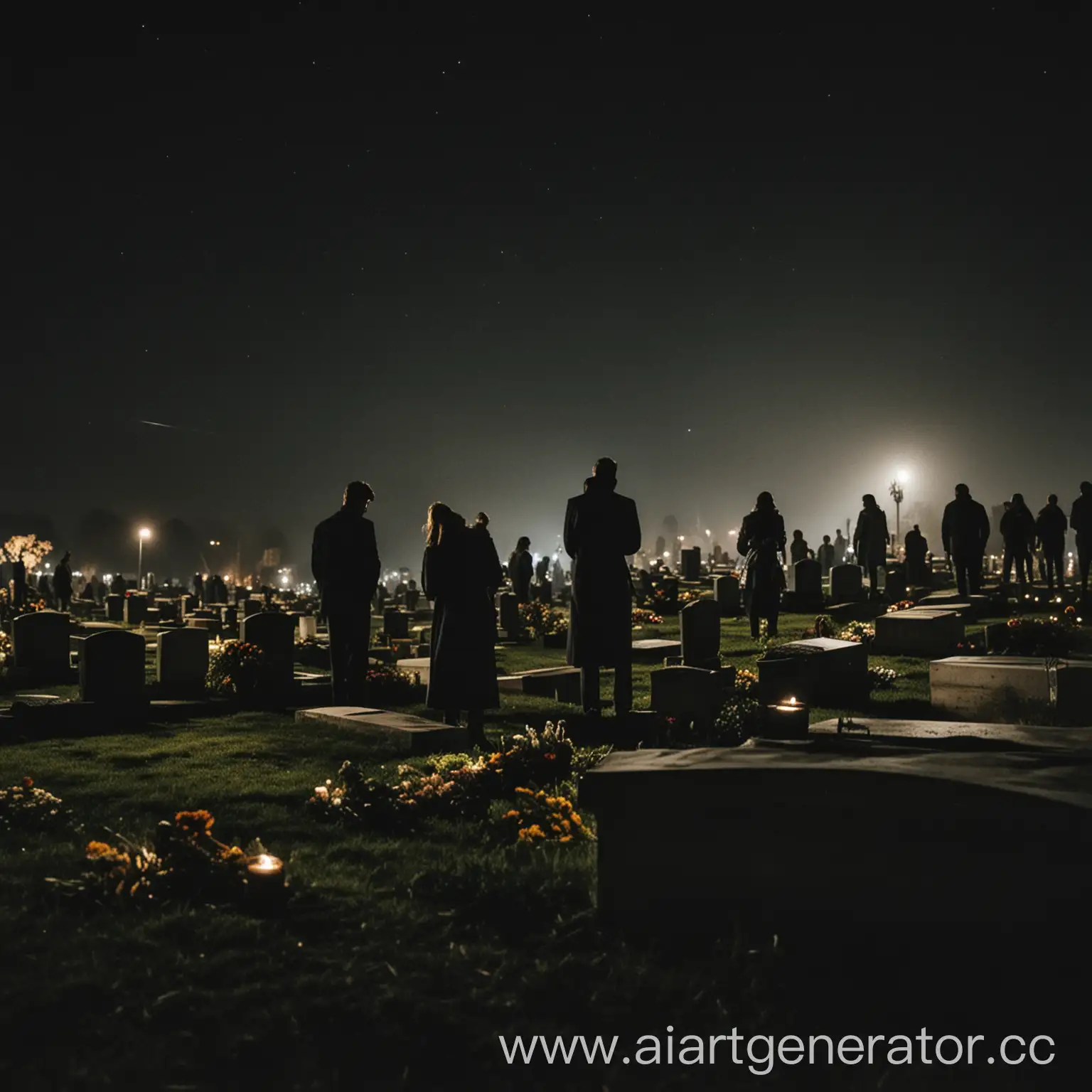 People near the grave at the cemetery at night funerals