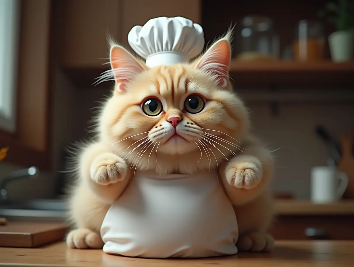 A round-faced, fluffy English short-hair cat. Anthropomorphic chef